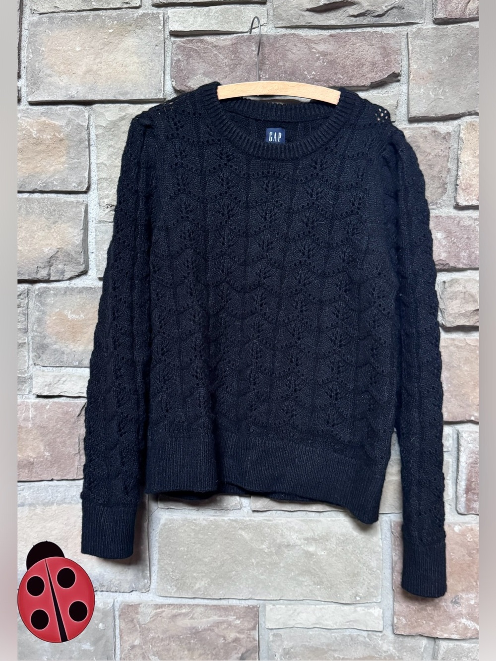 GAP Black Textured Cable Knit Crewneck Sweater